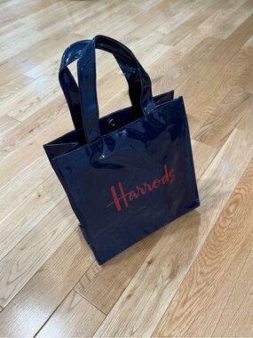 Harrods Glossy Navy Tote with Red Logo